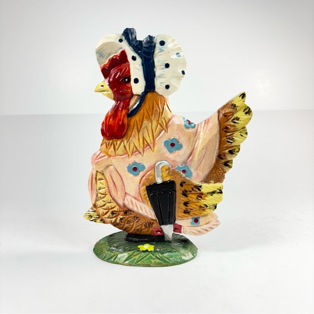 department 56 Hand Carved Painted Wooden Chicken With Hat Umbrella